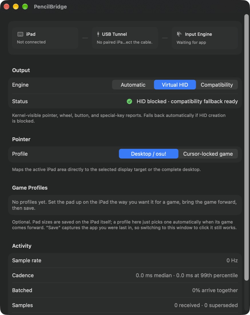 PencilBridge receiver on macOS, showing connection status, output engine and pointer profile